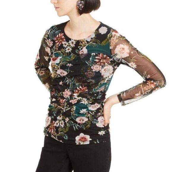 INC Green & Black Floral Long Sleeve Top Petite Small - Picture 1 of 9